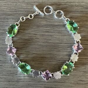 NWT Handmade Peridot & Pink Topaz Simulated Stone Silver Overlay Bracelet